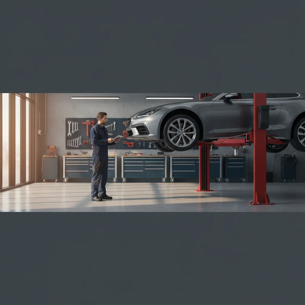 Monteur inspecteert een auto in de werkplaats van Autobedrijf Frucar